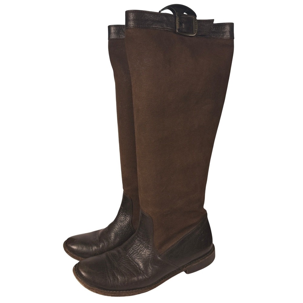 Frye Tall Riding Boots Women 7B Brown Leather Canvas Buckle Equestrian Boho